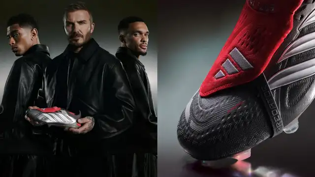 David Beckham Jude Bellingham and Trent Alexander-Arnold posing with the gunmetal adidas Predator Mania boots