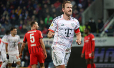 Harry Kane celebrating after scoring for Bayern Munich in Bundesliga match against Heidenheim