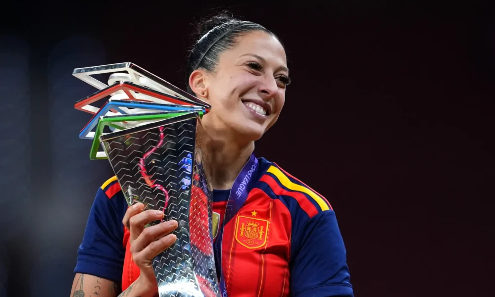 Jenni Hermoso and Alexia Putellas celebrating Spain’s Nations League victory.