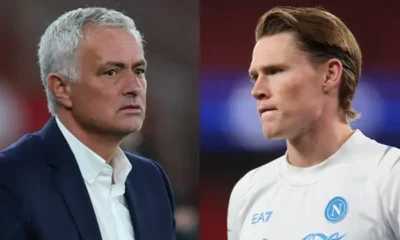 Jose Mourinho and Scott McTominay greeting each other after Benfica’s match against Napoli.