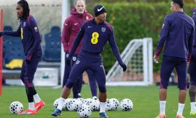 Jude Bellingham and Thomas Tuchel during England training session.