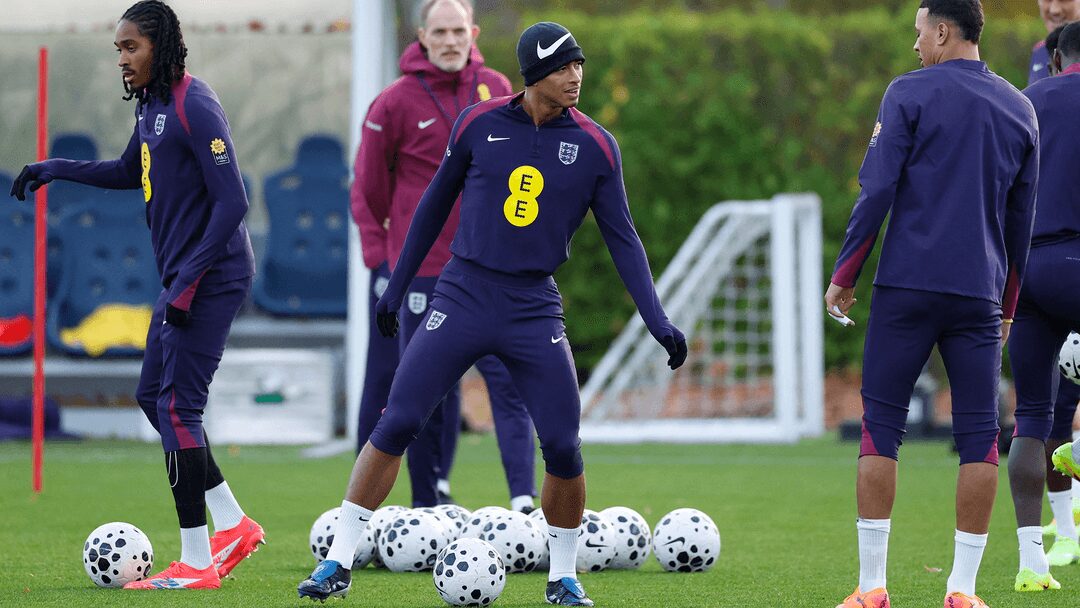 Jude Bellingham and Thomas Tuchel during England training session.