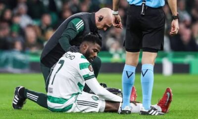Kelechi Iheanacho holding his hamstring during Celtic vs St Mirren League Cup final