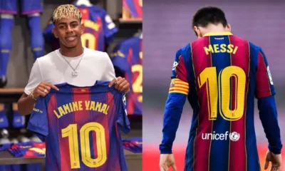 Lamine Yamal in Barcelona colours during an interview