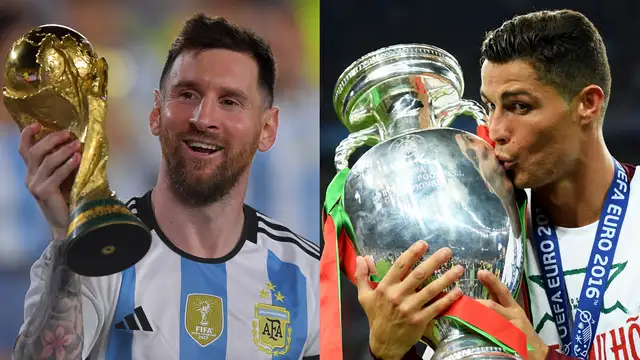 Lionel Messi and Cristiano Ronaldo side-by-side during an international match.