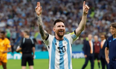 Lionel Messi celebrating with Argentina after winning the 2022 World Cup