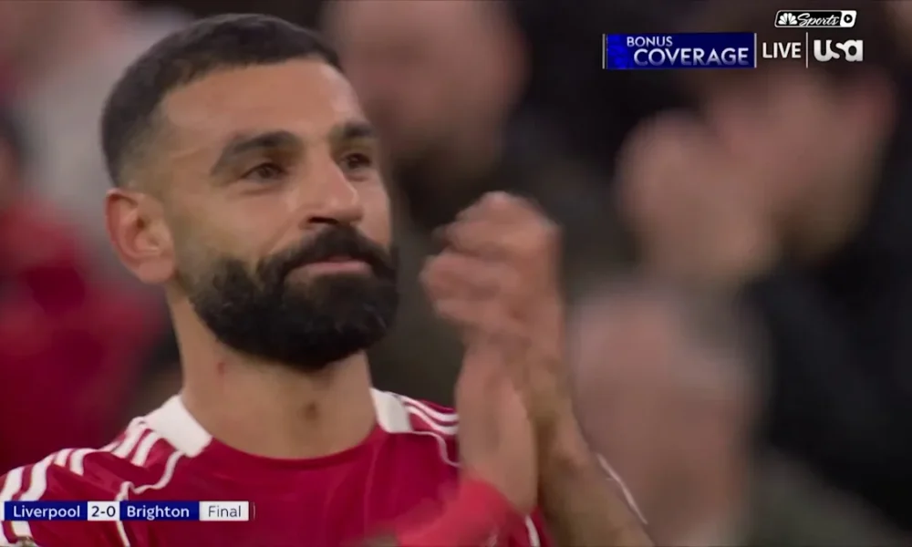 Mohamed Salah applauding Liverpool fans at Anfield after Brighton win