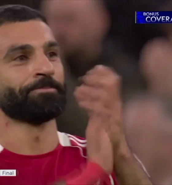Mohamed Salah applauding Liverpool fans at Anfield after Brighton win