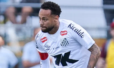 Neymar celebrating a goal in a Santos match, potential Inter Miami move in 2025.
