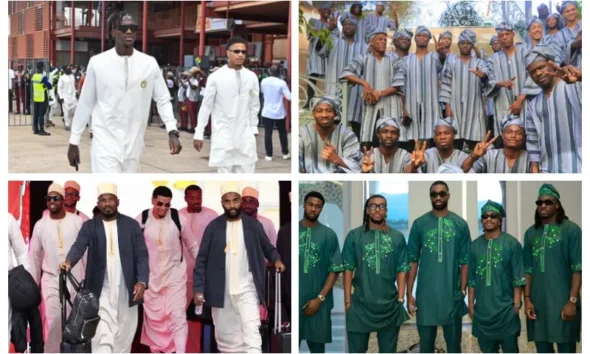 Nigeria AFCON 2025 team in green native attire at the airport