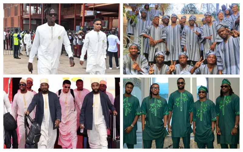 Nigeria AFCON 2025 team in green native attire at the airport