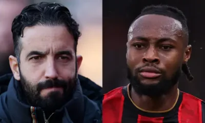 Ruben Amorim speaking ahead of Manchester United vs Bournemouth as Antoine Semenyo looks on