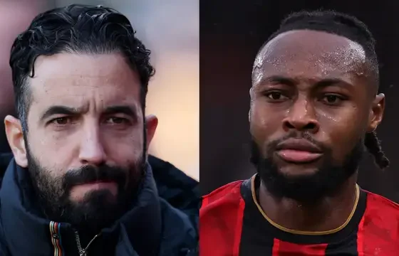 Ruben Amorim speaking ahead of Manchester United vs Bournemouth as Antoine Semenyo looks on