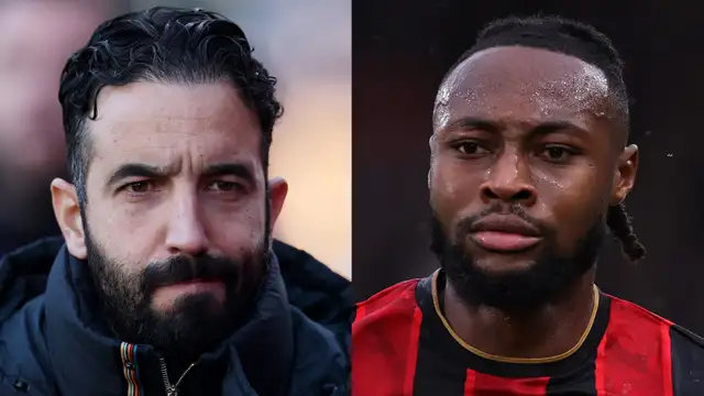 Ruben Amorim speaking ahead of Manchester United vs Bournemouth as Antoine Semenyo looks on