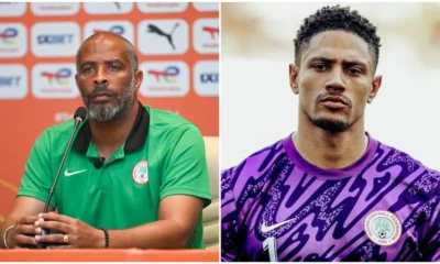 Maduka Okoye reacting during a Super Eagles training session