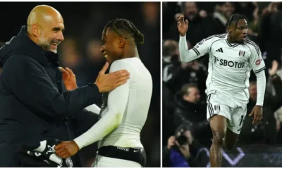 Pep Guardiola hugging Samuel Chukwueze after Fulham vs Manchester City match