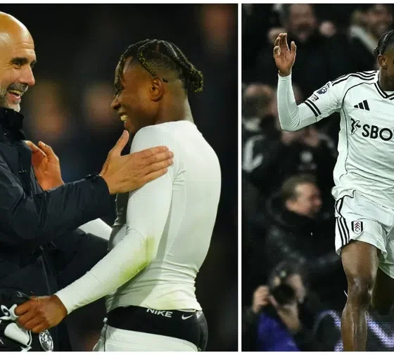 Pep Guardiola hugging Samuel Chukwueze after Fulham vs Manchester City match