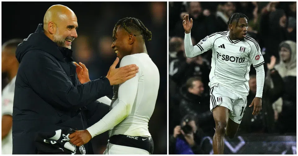 Pep Guardiola hugging Samuel Chukwueze after Fulham vs Manchester City match