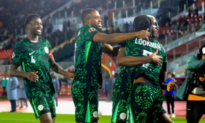 Moses Simon celebrating with Victor Osimhen and Ademola Lookman during AFCON 2025