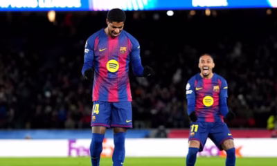 Marcus Rashford celebrating his Champions League free kick goal for Barcelona at Camp Nou