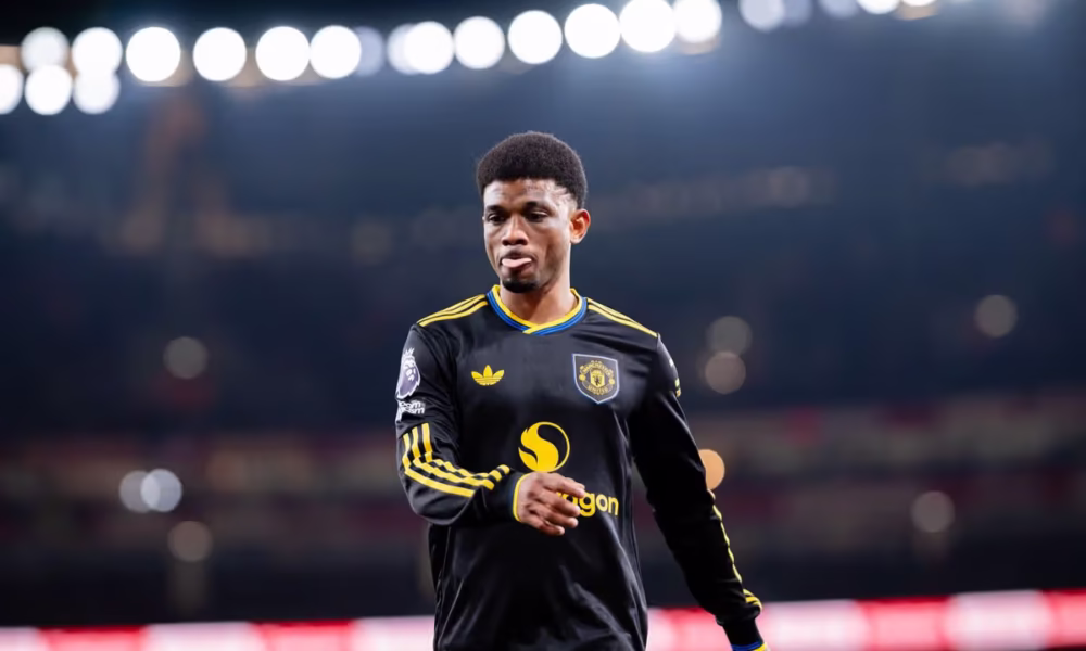 Amad Diallo celebrating Manchester United win against Arsenal at Emirates Stadium
