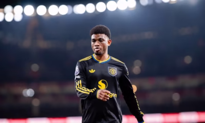 Amad Diallo celebrating Manchester United win against Arsenal at Emirates Stadium