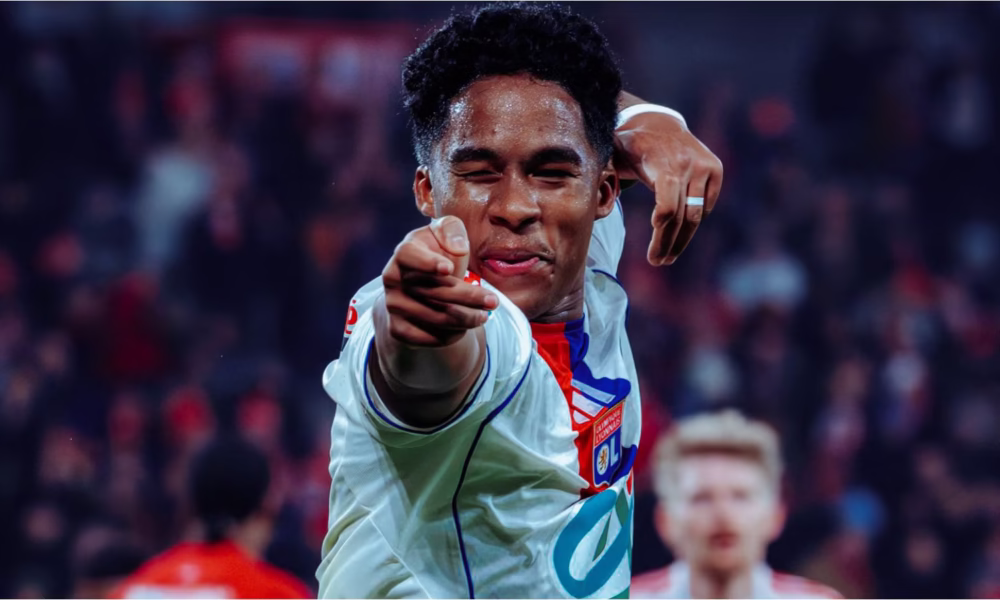 Endrick celebrating his debut goal for Lyon in the Coupe de France