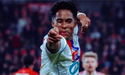 Endrick celebrating his debut goal for Lyon in the Coupe de France
