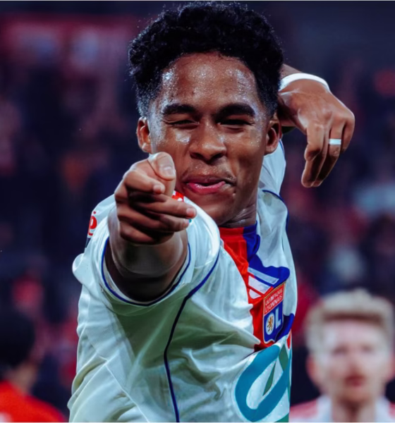 Endrick celebrating his debut goal for Lyon in the Coupe de France