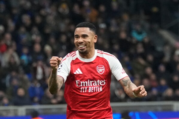 Gabriel Jesus celebrating a goal for Arsenal against Inter in the Champions League