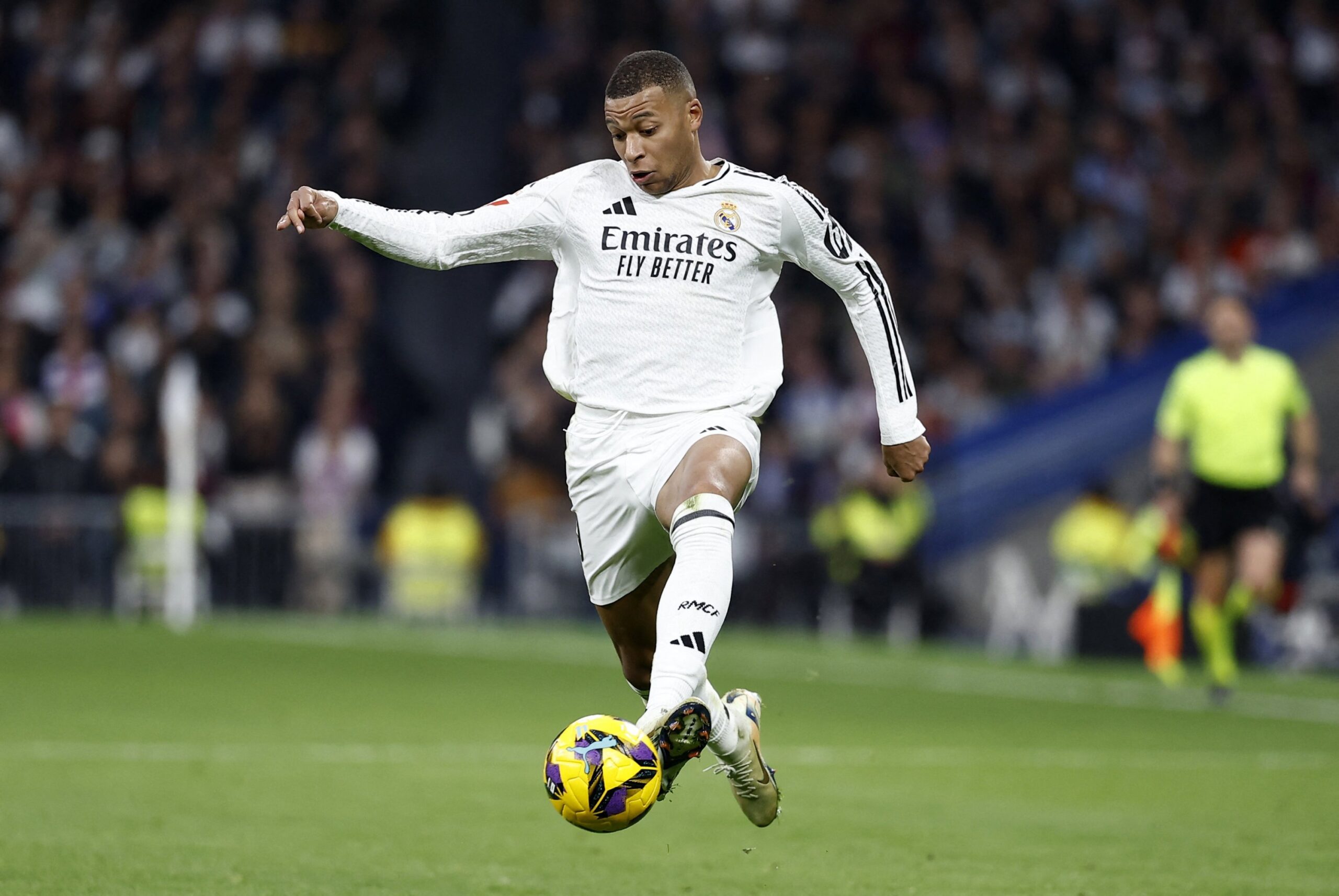 Kylian Mbappe during a Real Madrid match at the Santiago Bernabeu