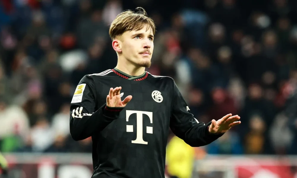 Lennart Karl celebrating a goal for Bayern Munich in a friendly match