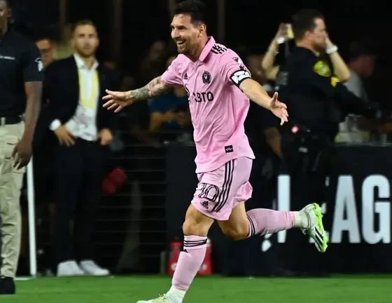 Lionel Messi celebrating a goal for Inter Miami CF