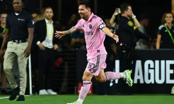 Lionel Messi celebrating a goal for Inter Miami CF