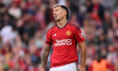 Lisandro Martinez reacting during Manchester United Premier League match at Old Trafford