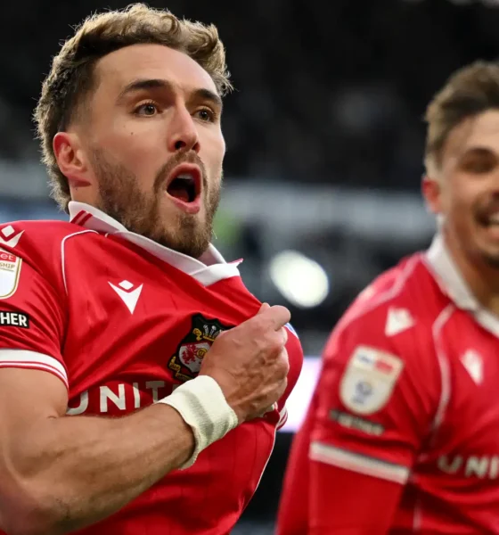 Matty James celebrates stunning goal for Wrexham against Derby in Championship clash