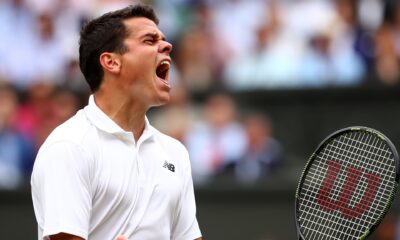Milos Raonic celebrates on court during his Wimbledon 2016 run
