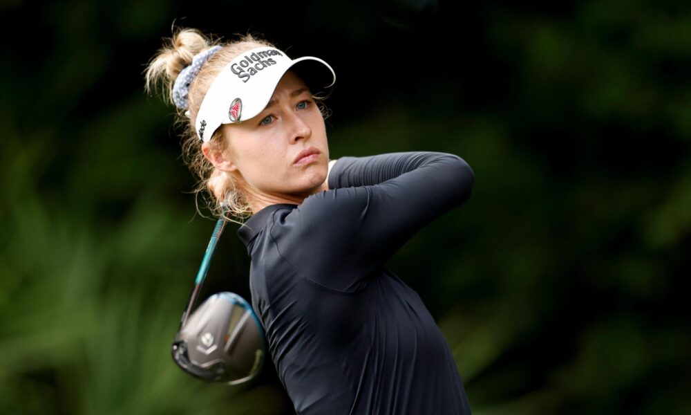 Nelly Korda speaking at an LPGA event about mixed-gender golf opportunities