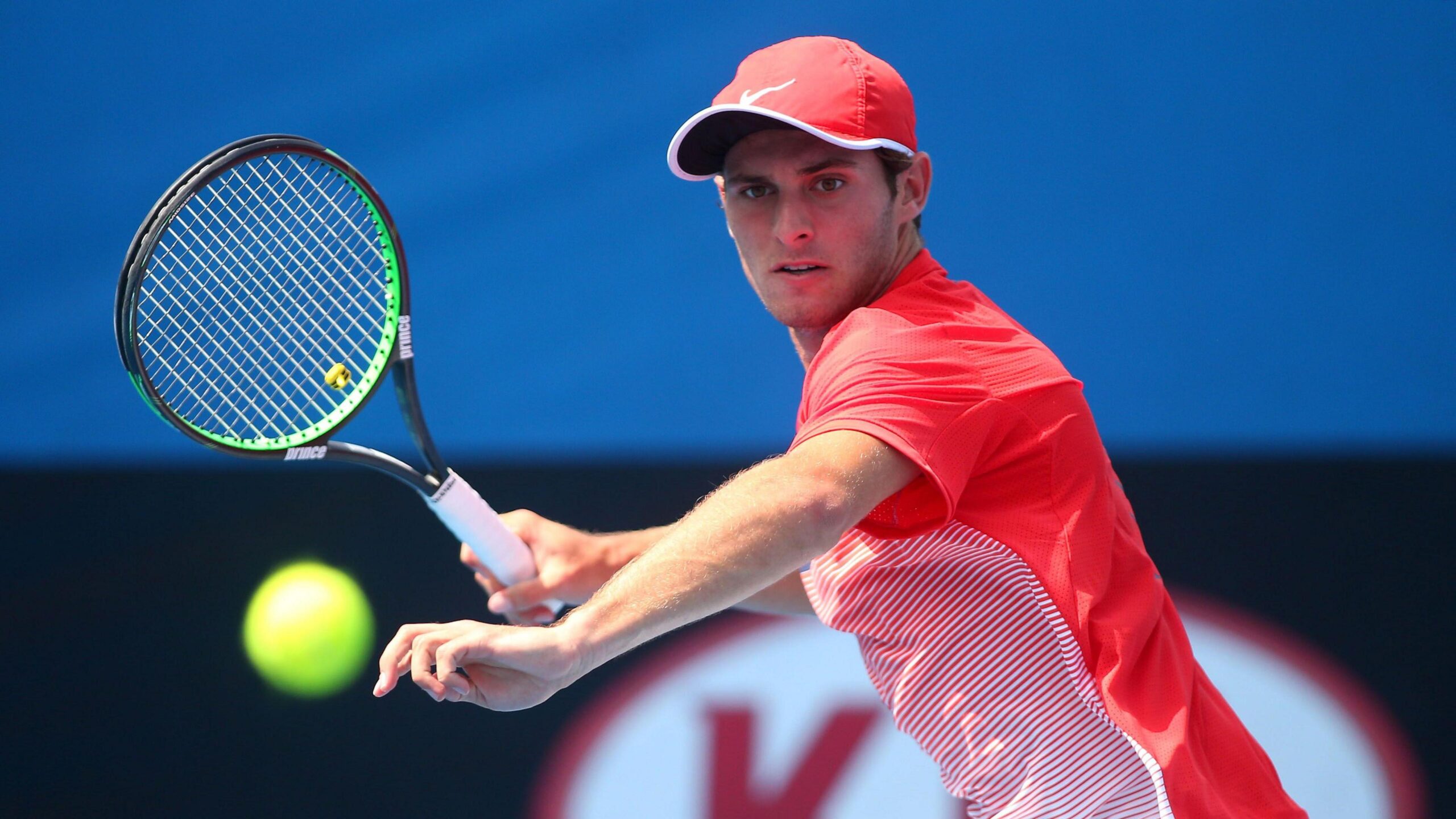 Oliver Anderson playing a professional tennis match after returning from suspension