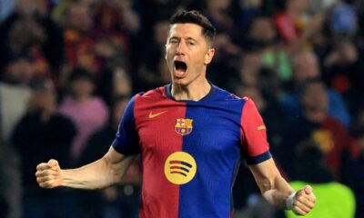 Robert Lewandowski celebrating a Champions League goal for Barcelona