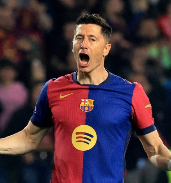 Robert Lewandowski celebrating a Champions League goal for Barcelona