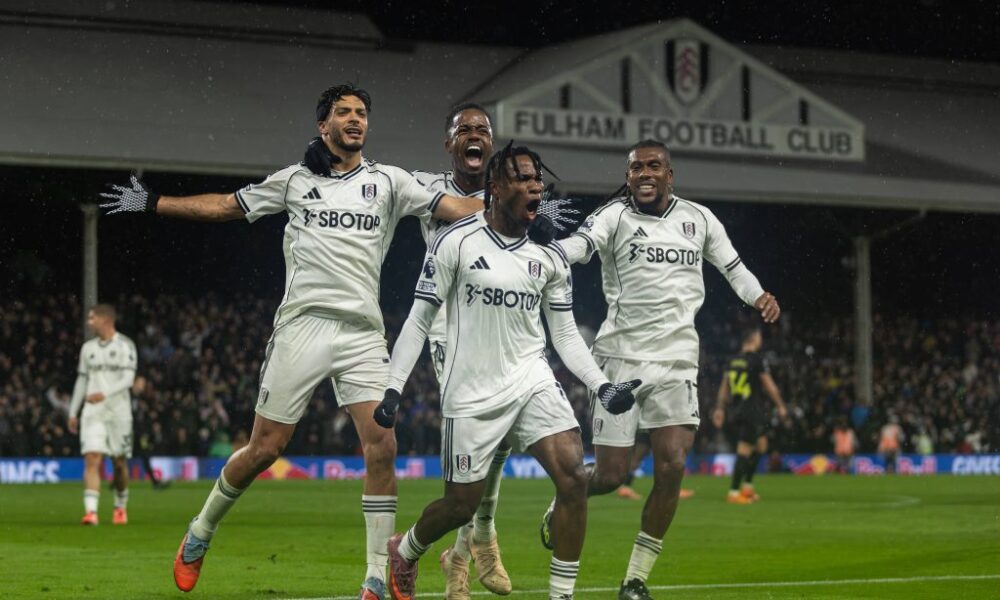 Samuel Chukwueze celebrating a goal for Fulham during the Premier League season