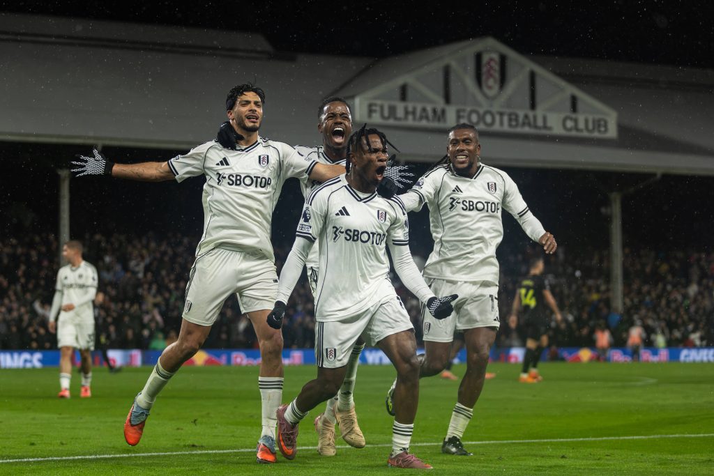 Samuel Chukwueze celebrating a goal for Fulham during the Premier League season