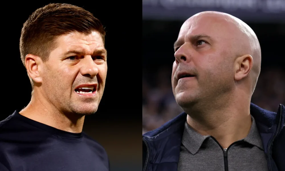 Steven Gerrard giving tactical advice as Liverpool manager Arne Slot looks on