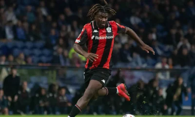 Terem Moffi looking dejected during an OGC Nice match after fan assault incident in France