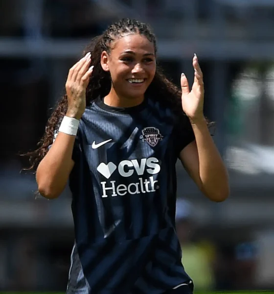 Trinity Rodman celebrates after scoring for Washington Spirit