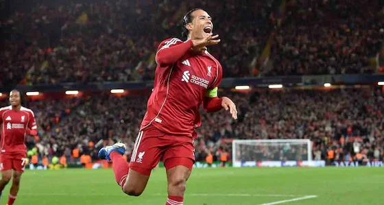 Virgil van Dijk celebrating during Liverpool’s Champions League win at Anfield
