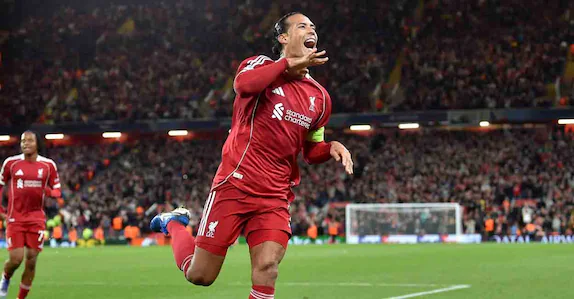 Virgil van Dijk celebrating during Liverpool’s Champions League win at Anfield
