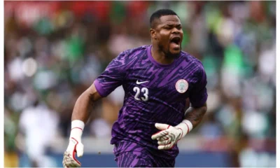 Stanley Nwabali applauding teammates after Nigeria’s 4-0 AFCON win over Mozambique