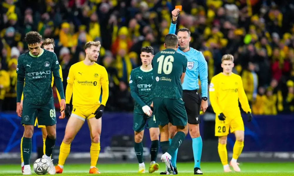 Rodri reacting after receiving a red card for Manchester City against Bodo/Glimt in the Champions League